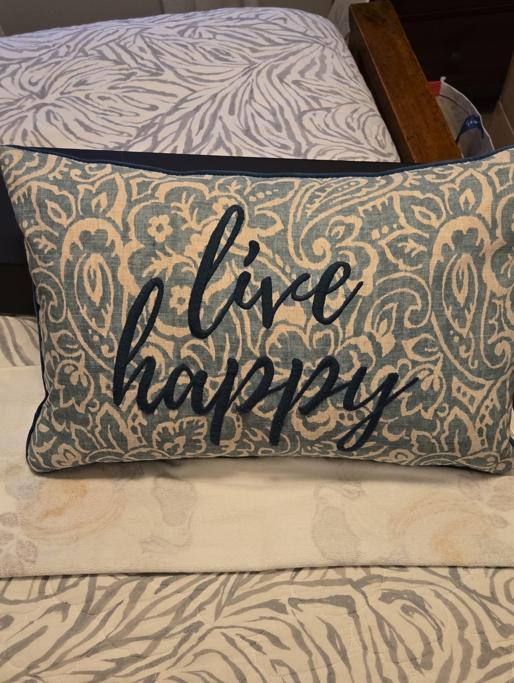 Live Happy Blue Patterned Decorative Pillow
